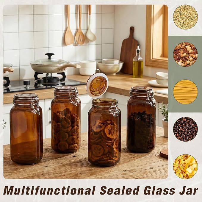 Norme Amber Glass Canisters, Mason Jars, Airtight Food Storage Jars with Clamp Lids for Flour, Sugar, Cereal, Pasta & Pantry Organization (8 Pack,Square,78 oz)