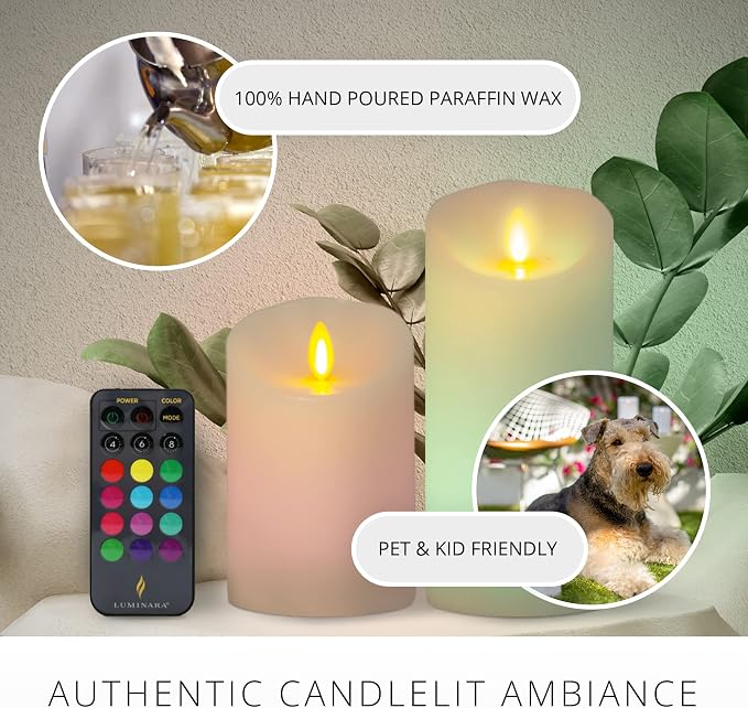 Luminara Flameless Color Changing LED Candle 3" x 6.5", Real Wax Moving Flame, Battery Operated w/ 18 Button Remote, Unscented Safe