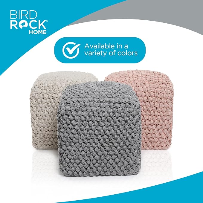 BIRDROCK HOME Square Pouf Ottoman Foot Rest - 18” Compact Comfortable Soft Cotton Knit Bean Bag Floor - Chair Foot Stool Seat for Living Room, Bedroom, or Kids Room (Grey Bud)