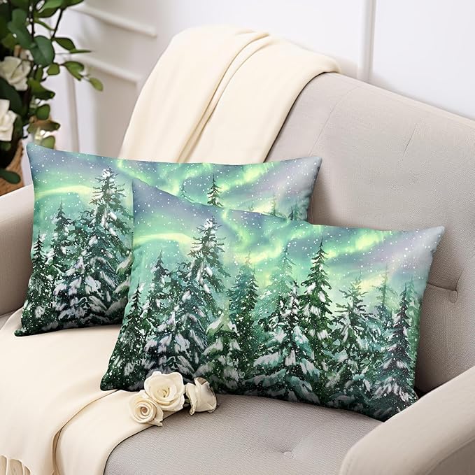Winter Aurora Lumbar Pillow Covers 12x20 Set of 2 Snowy Pine Tree Throw Pillow Covers Green Polar Light Forest Pillow Case Rectangular Cushion Case for Home Decor Couch Sofa
