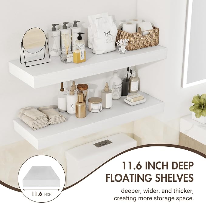 Acovy 24 Inch Floating Shelves, 12" Deep Floating Shelf Wall Mounted, 24" Wall Shelves, Rustic Deep Bookshelf, Extra Deeper & Thicker Display Shelves for Bedroom, Living Room, White, Set of 2