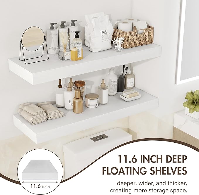 Acovy 72 Inch Floating Shelves, 12" Deep Floating Shelf Wall Mounted, 72" Wall Shelves, Rustic Deep Bookshelf, Extra Deeper & Thicker Display Shelves for Bedroom, Living Room, White, Set of 1