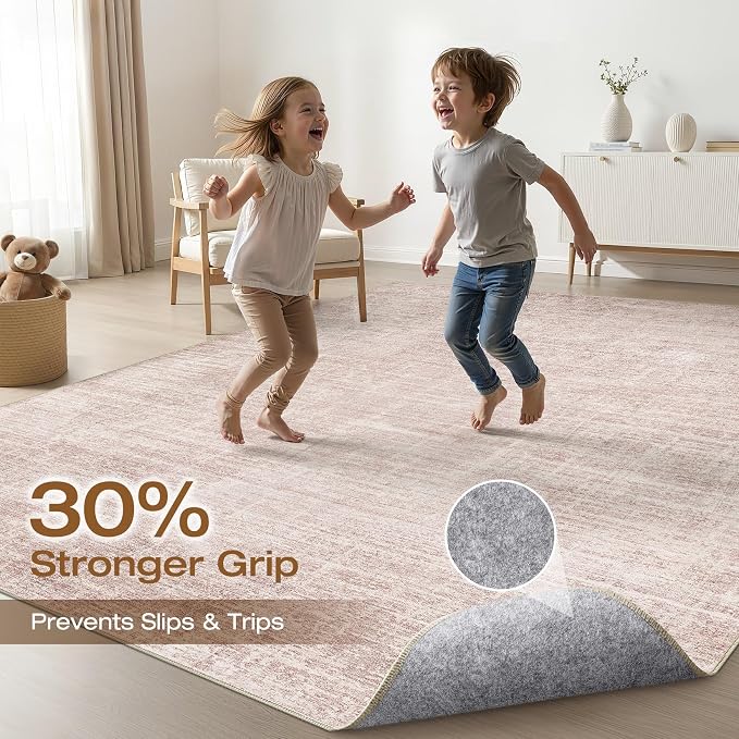 Pink Rug 6x9 Living Room: Washable Large Neutral Rugs Abstract Soft Modern Stain Resistant Indoor Floor Non-Slip Carpet for Nursery Kids Girls Bedroom Playroom Dining Room Under Table