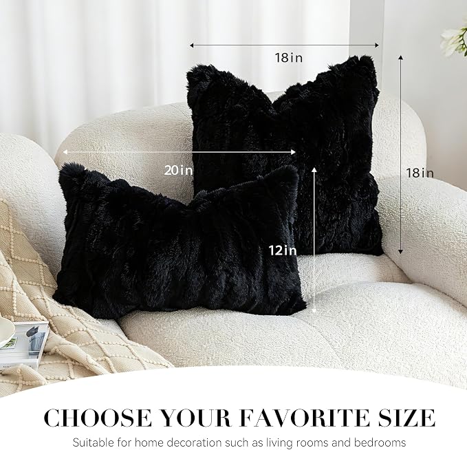 MOOX Rabbit Fur Pillow Covers Set of 2 Fur Throw Lumbar Decorative Pillow Fuzzy Soft Fluffy Genuine Animal Skin 12"x20" Sofa Couch Bed Cover, Black