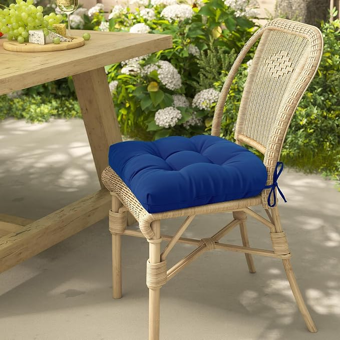 idee-home Outdoor Chair Cushions Set of 2, Patio Seat Cushions | Tufted Thick 17 x 17 x 5 Inch Cushions for Outdoor Furniture Waterproof with Ties, Dining Pads Dark Cerulean