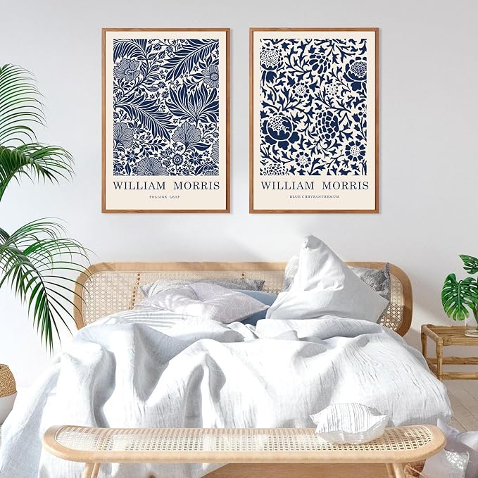 LHIUEM WILLIAM MORRIS Blue and White Picture Wall Decor,Vintage Wall Art Flowers Theme,Neutral Navy Blue White Tones Framed Prints,Scandinavian Cream Canvas Decor,Boho Botanical Art for Home-24”X36”X3