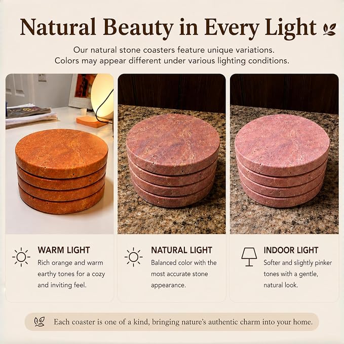 Natural Travertine Coasters Set of 4 – Absorbent Stone Drink Coasters with Cork Backing, 4” Round Neutral Coffee Table Décor for Organic Modern Home Aesthetic