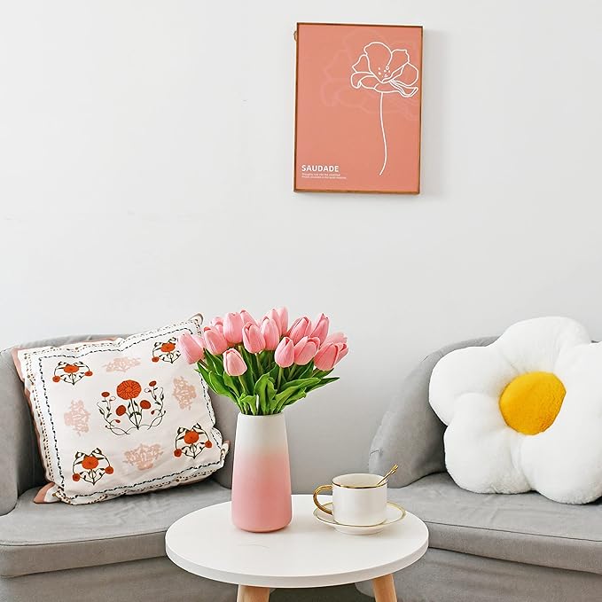 Mandy's Light Pink Artificial Tulips Flowers Centerpiece, 13.5" Lifelike PU Fake Floral Stems 28pcs with Vase for Kitchen Island & Dining Table, Spring Decor for Easter