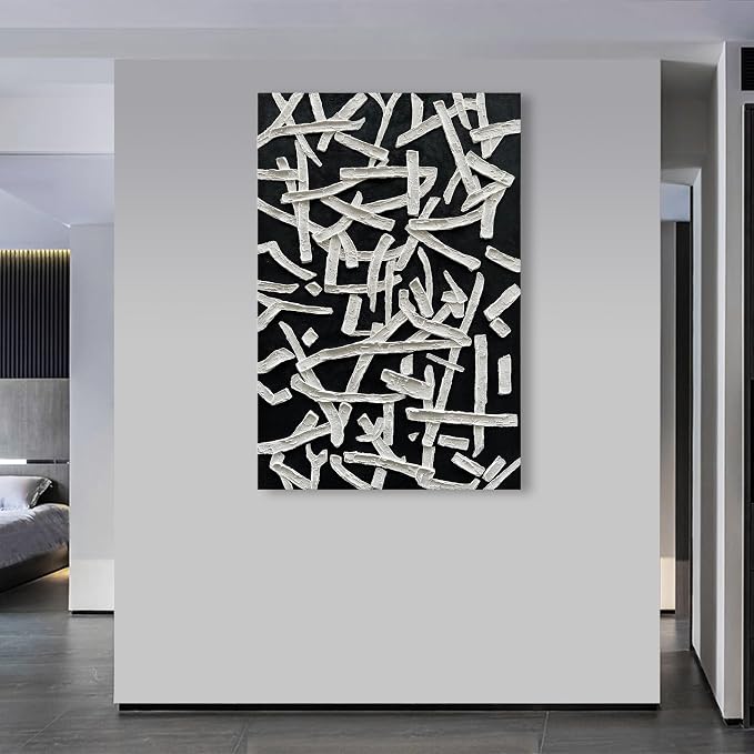 NANKAI Art Hand Painted Oil on Canvas in Black and White Modern Abstract Minimalist Oil Painting Home Wall Art Deco 45x30 inches