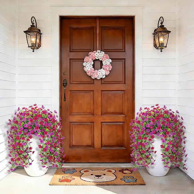 Ammyoo 2Pcs Fake Hanging Flowers for Outdoor Decoration Artificial Hanging Flowers Realistic Daisy Plants UV Resistant, Faux Silk Flower for Porch Patio Window Box Outside Decor(Fuchsia Purple)