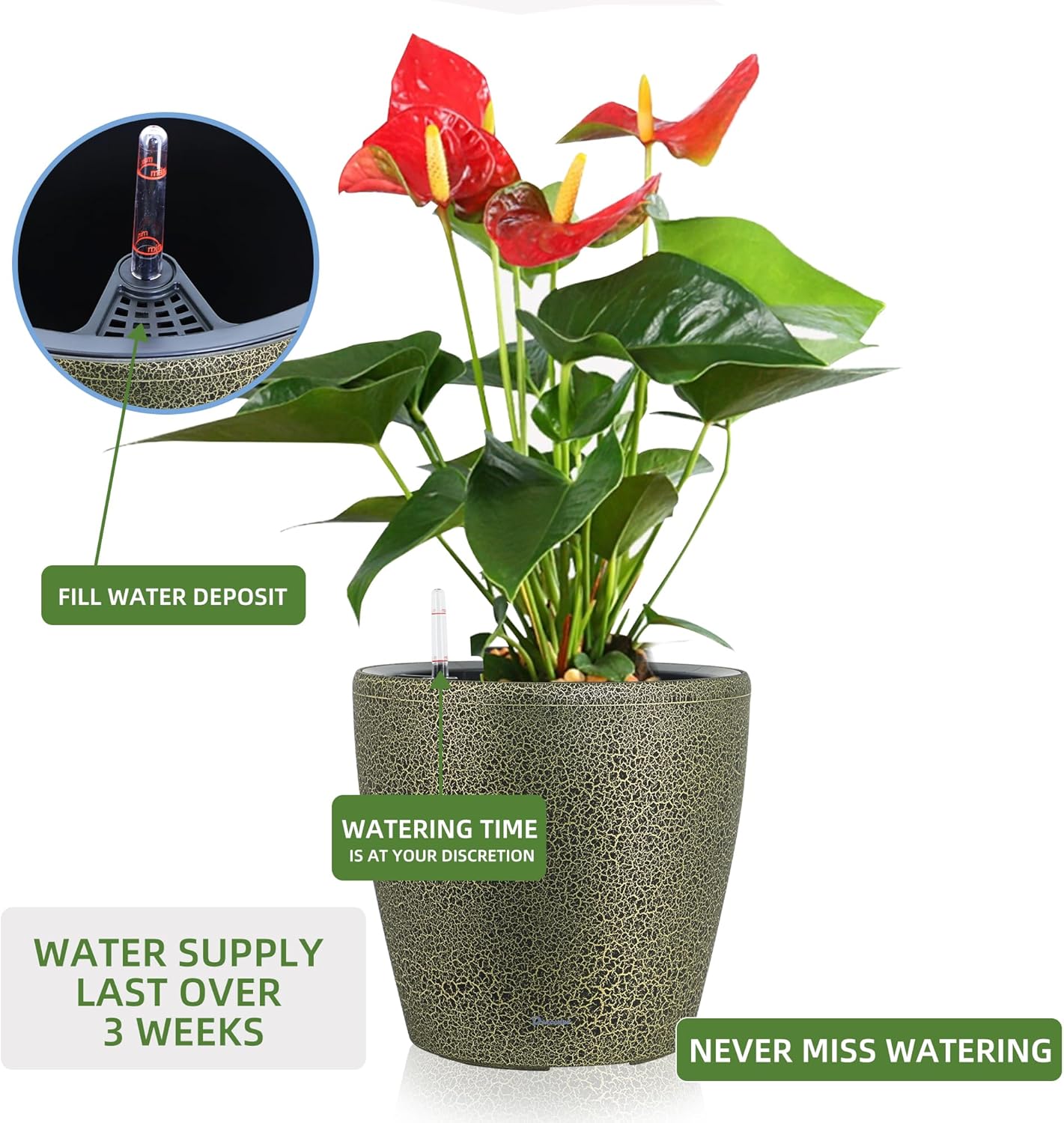 Dexceder 13x12 Self Watering Planter with Wheels Indoor Outdoor, Inner Pot Design, Thickened Large Floor Standing Flower Plant Pot with Water Level Indicator (Black Gold Crackle)