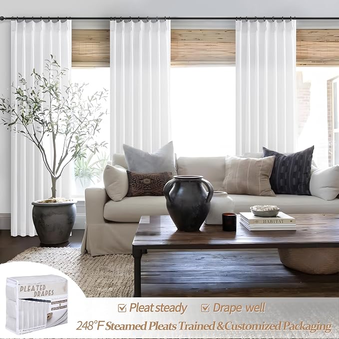 108 Inch White Linen Semi Sheer Curtains for Living Room 2 Panels Set, 9Ft Luxury Farmhouse Style Pinch Pleated Curtains Light Filtering Privacy Floor to Ceiling Track Drapes with Hooks Rings