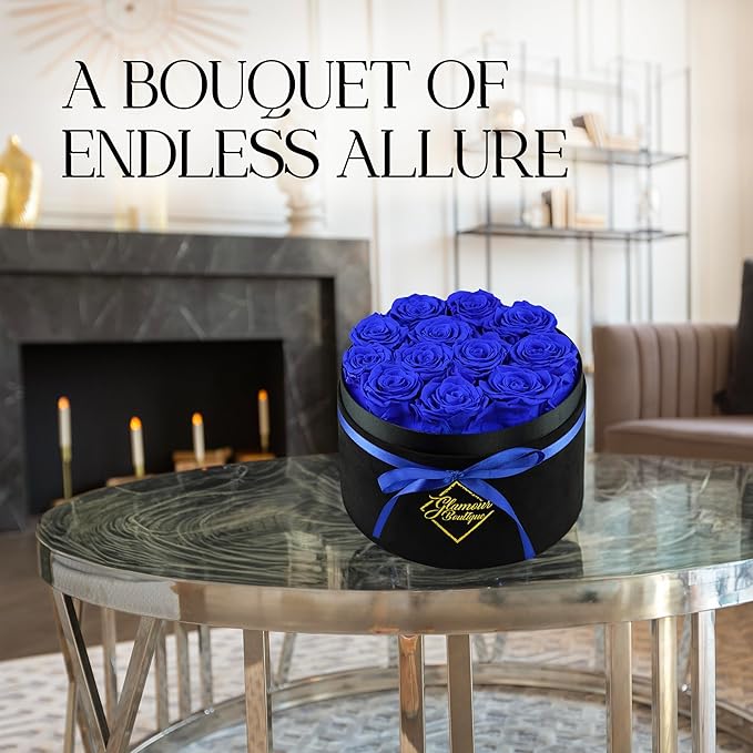 GLAMOUR BOUTIQUE Flowers Forever Gift Box, 12 Real Preserved Roses in Velvet Black Box, Floral Gift for Wife, Mom or Her for Birthday, Mother’s Day, Anniversary or Graduation, Blue (Color-Treated)