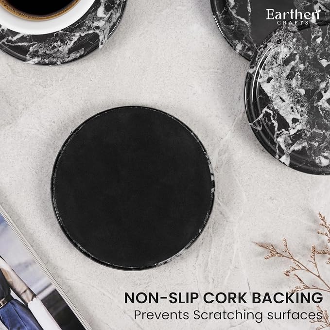 Marble Coasters Set of 4 for Drinks 4 Inches Round Black Stone Drink Coaster, Decorative for Coffee Table Decor, Kitchen Counter