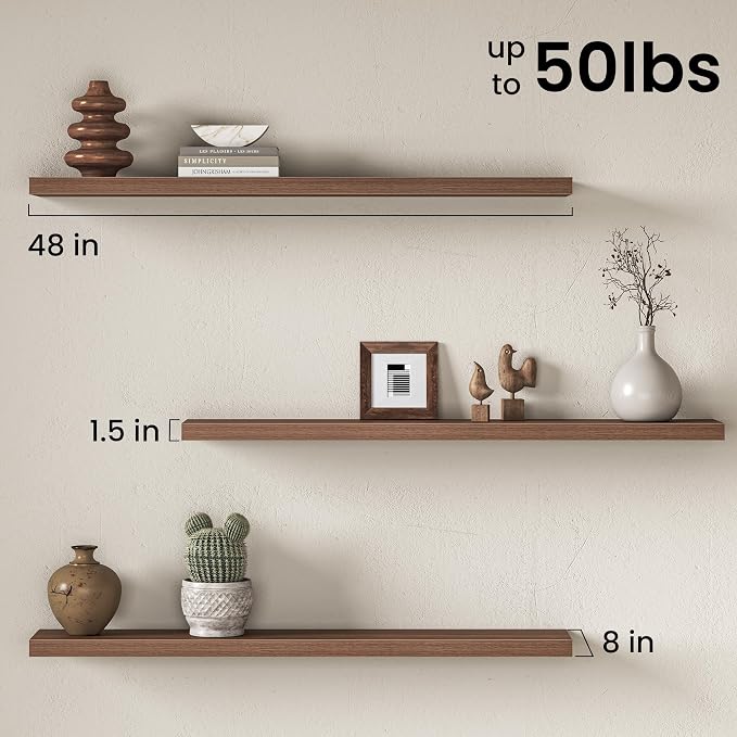 48" Floating Shelves for Wall, Set of 2, 8" Deep, 1.5" Thick, Walnut Finish | Rustic Wood Wall Shelves with Invisible Brackets, Storage and Display for Bathroom, Bedroom, Living Room or Kitchen