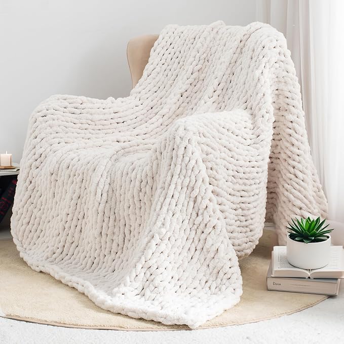 Chunky Knit Throw Blanket 60x80, 100% Handmade Chenille Yarn | 6.7lbs Soft Thick Cable Knitted Blankets, Large Rope Knot Crochet Throws for Couch Sofa Bed Machine Washable, Cream White