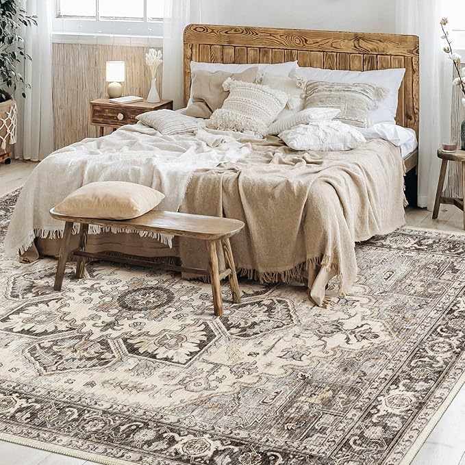 9x13 Area Rugs for Living Room - Large Carpet Ultra Thin Soft Washable Oriental Vintage Floral Distressed Rug Big Indoor Carpets for Bedroom Nursery Dorm Home Decor Aesthetic - Grey Brown