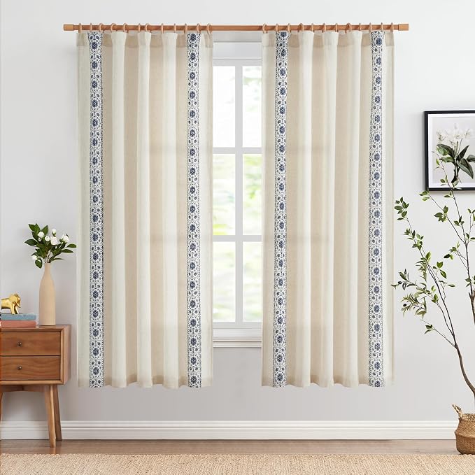jinchan Weslie Boho Curtains for Bedroom Blue Vintage Floral Farmhouse Curtains 72 Inches Long Linen Drapes for Living Room Embroidered Drapes Light Filtering Rod Pocket Blue on Beige 2 Panels