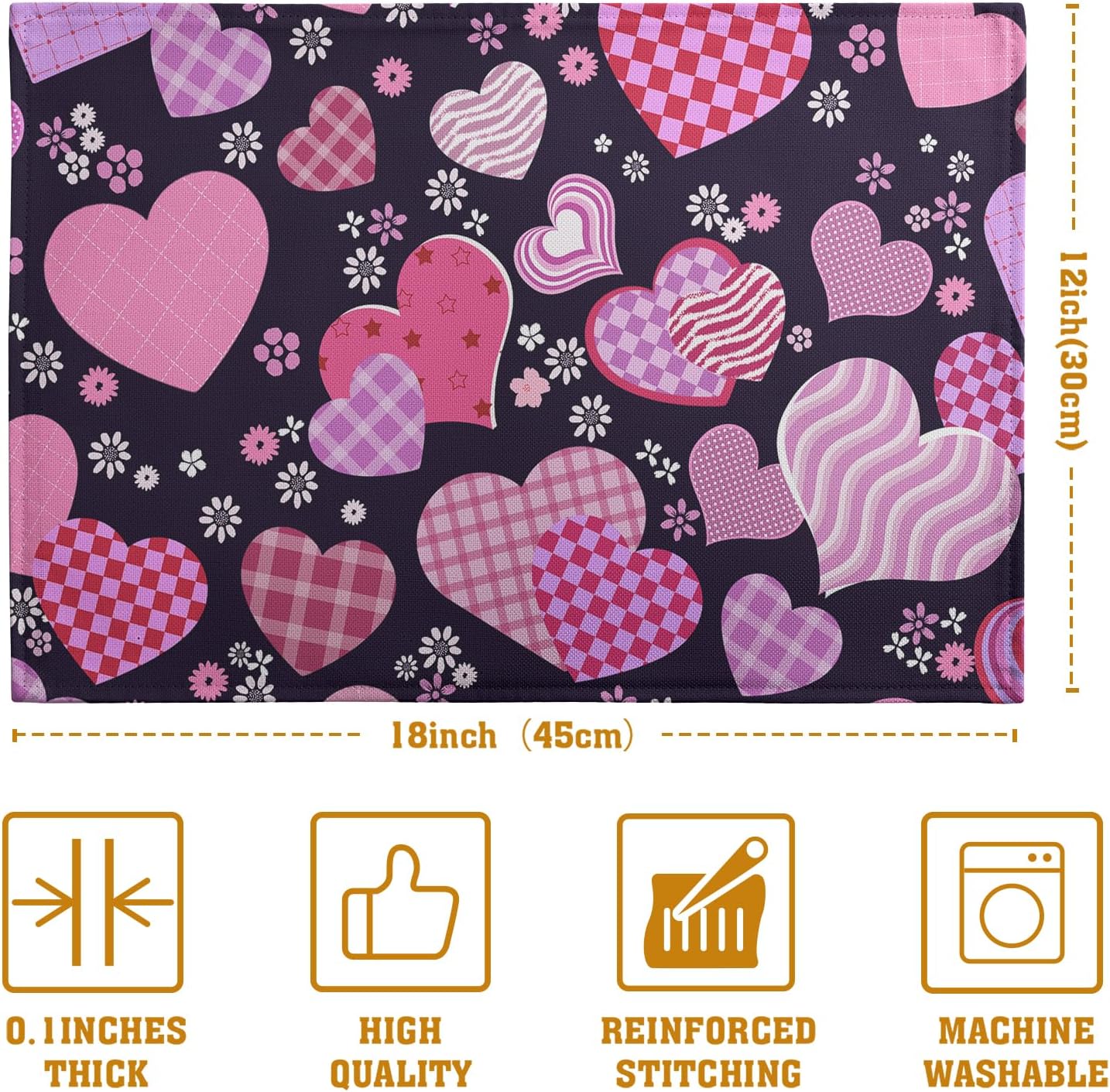 Pink Love Hearts Valentine's Day Placemats Set of 4 Seasonal Valentines Anniversary Wedding Linen Table Mats Pink Black Washable Place Mats for Party Kitchen Dining Outdoor Indoor Decor 12x18 Inch