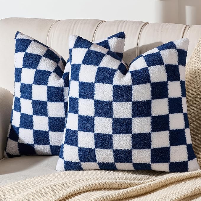 AmHoo Pack of 2 Decorative Throw Pillow Covers Checkerboard Luxury Super Soft Faux Fur Wool Set Case Cushion for Couch Sofa Bedroom 18 x 18-Inch Navy Blue