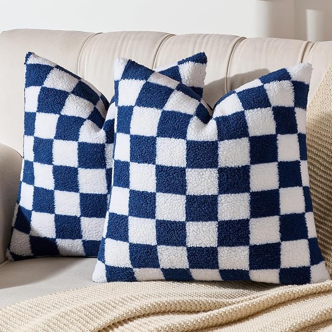 AmHoo Pack of 2 Decorative Throw Pillow Covers Checkerboard Luxury Super Soft Faux Fur Wool Set Case Cushion for Couch Sofa Bedroom 16 x 16-Inch Navy Blue