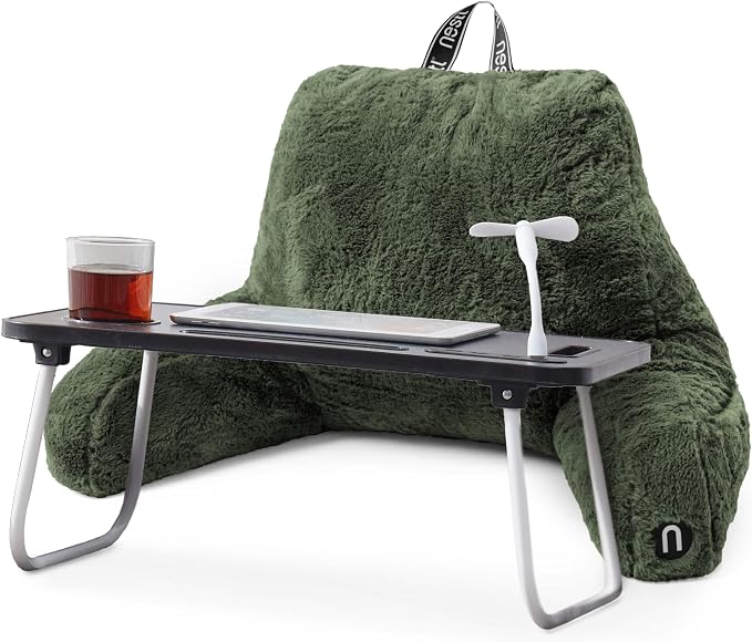 Nestl Fur Reading Pillow with Laptop Lap Desk, Stylish Back Pillow for Sitting Up, Lap Desk with Reading Pillows for Sitting in Bed Adult & Kids, Faux Fur Chair Pillow with Arms - Olive Green