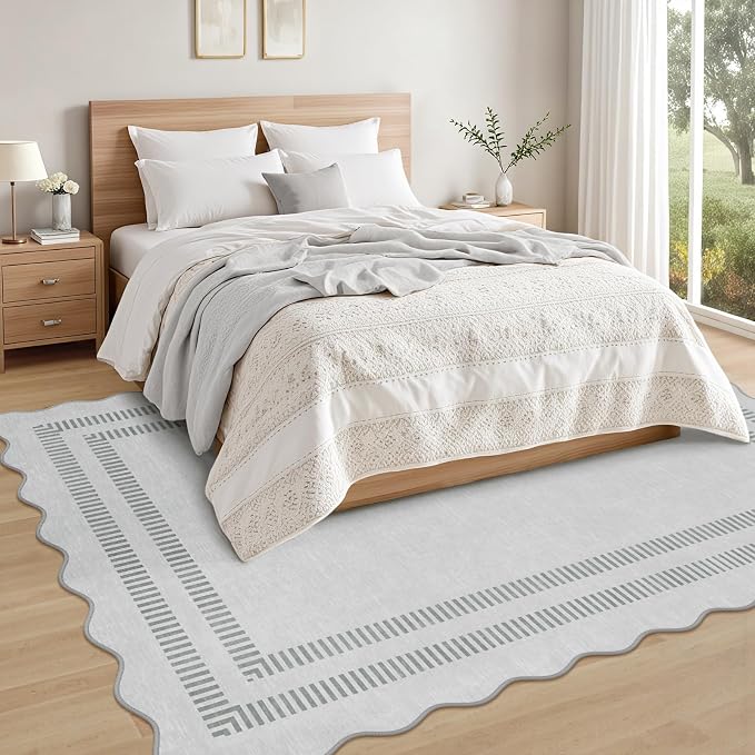 Washable Rug 5x7 Area Rugs for Living Room, Solid Grey Rug Non Slip Scalloped Carpet with Rubber Back, Soft Low Pile Rugs for Nursery Bedroom Dorm