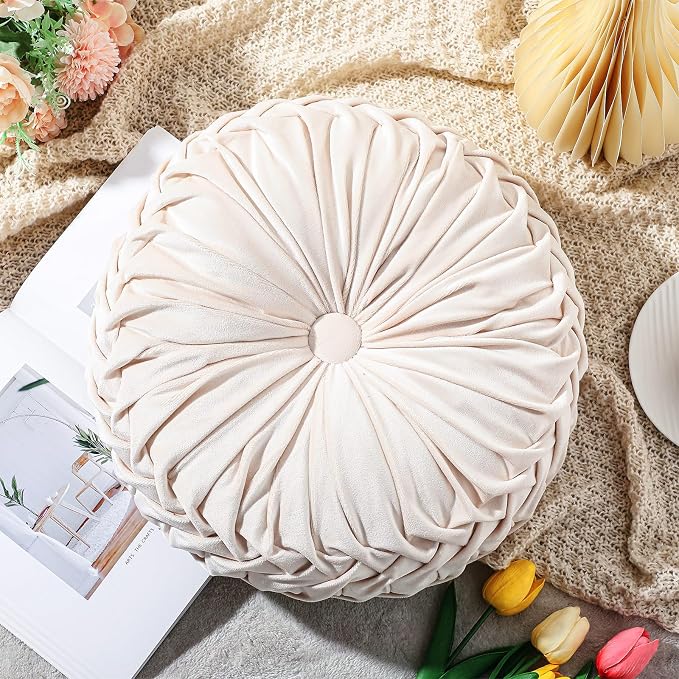 Drydiet 1 Pcs Round Throw Velvet Pillows Decorative Pleated Throw Pillows Diameter Accent Pumpkin Boho Chair Cushion for Couch Sofa Home Decoration (Beige,15'')