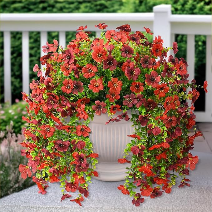 ZFProcess Artificial Hanging Flowers for Outdoors Spring Decoration, 2PCS Silk Fake Daisy Realistic Outdoor Flowers UV Resistant Porch Patio Window Yard Decor (Red Brown)