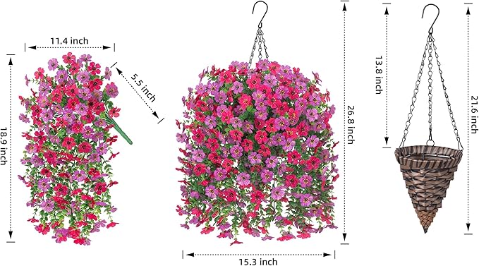 HyeFlora Artificial Hanging Flowers Basket for Outdoor, Fake Flowers Faux Plants Look Real for Yard Gardens Porch Patio Home (Purple+Hotpink)