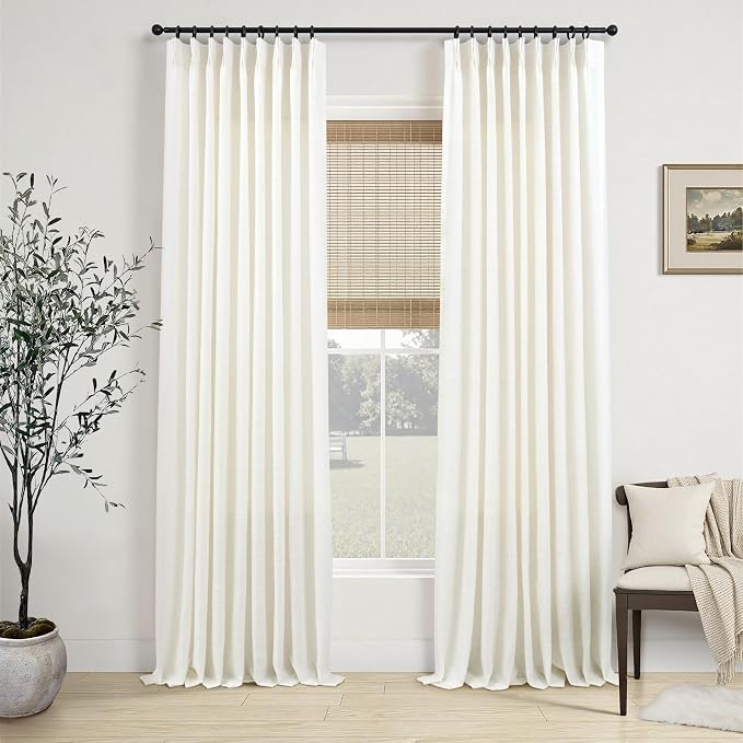 Extra Wide Pinch Pleat Curtains 84 Inches Long for Large Window Patio Sliding Glass Door Natural Cream Linen 60 Inch Wide Curtain Semi Sheer Pleated Drapes Ivory Back Tab Curtain 60x84 Length 2 Panels