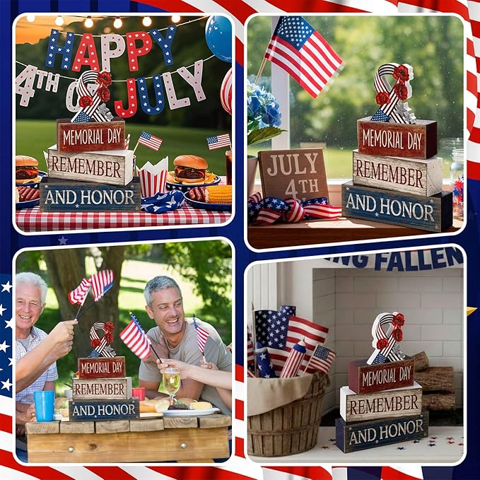 CroBlissful 4 Pcs Memorial Day Decorations Patriotic Remember Tabletop Decorations Star Ribbon Red White Blue 4th of July Table Centerpieces Sign for Office Tiered Tray Home Shelf 250th Anniversary