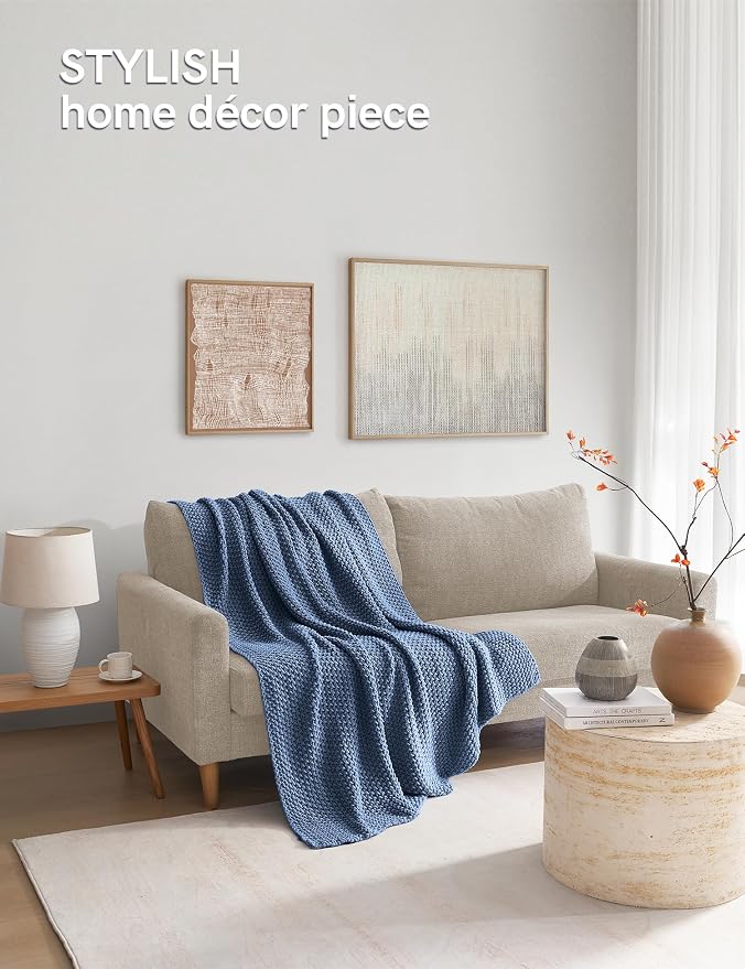 YnM Chunky Cotton Knit Throw Blanket, Cable Knit Throws for Bed Couch Sofa, Comfy & Relaxing, Decorative Piece for Farmhouse Modern Boho Rustic Scandinavian Chic Vibe, Denim Blue 60x80 Inches