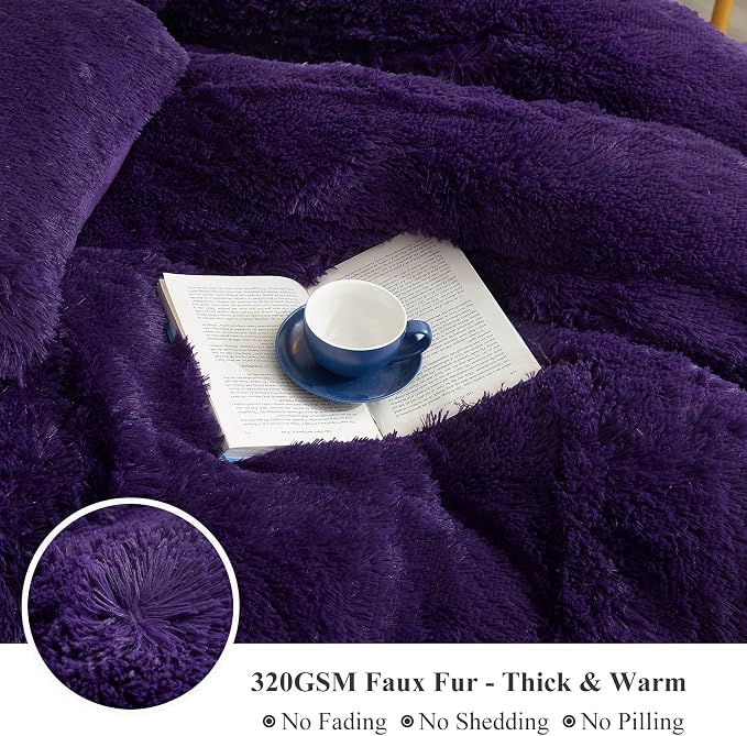 XeGe Plush Shaggy Duvet Cover Set, Luxury Ultra Soft Velvet Fluffy Furry Bedding Sets 3 Pieces(1 Faux Fur Fuzzy Comforter Cover + 2 Faux Fur Throw Pillow Shams), Zipper Closure (Queen, Purple)