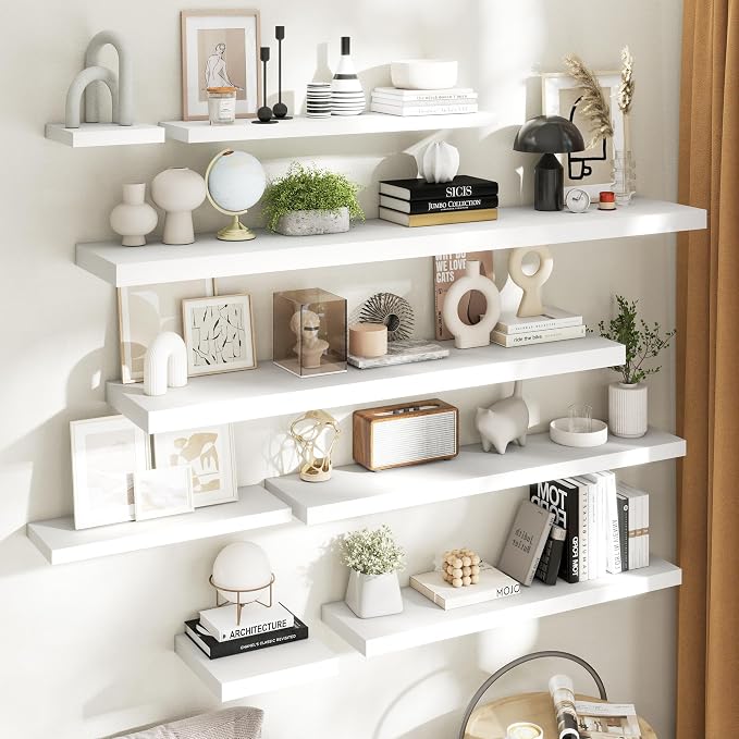 48 Inch Floating Shelves for Wall with Invisible Brackets Set of 2, 9"D Engineered Wood Wall Shelves with Wood Grain for Living Room, Bedroom, Bathroom, Kitchen Decor and Storage, White Finish