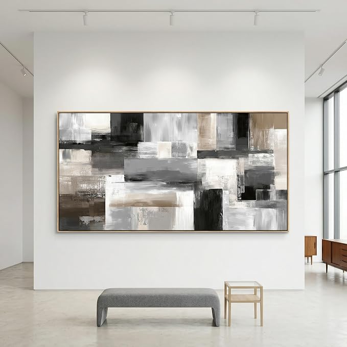 HUADAOART 24x48 Inch Large Framed Canvas Wall Art Modern Abstract Geometric Painting with Neutral Black Grey Beige Blocks Minimalist Textured Artwork Ready to Hang for Living Room Bedroom Home Office Decor