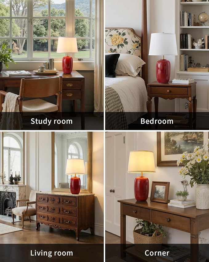 PUSU 22 Inch Red Ceramic Table Lamps Set of 2, Fabric Lampshade Living Room Office Desk lamp, E26 Socket Rotary Switch Lighting for Bedroom, Nightstand, Reading, Office, Study, Corner, Home Decor