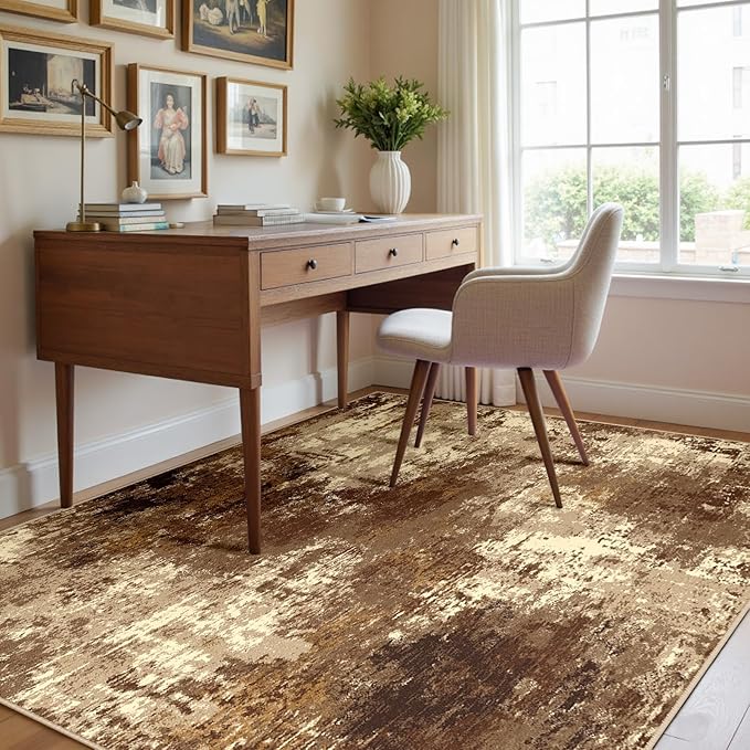 RELEANY Washable Area Rugs 4'x6' Non-Slip Modern Abstract Soft for Living Room Entryway Bedroom Nursery, Print Pattern, Brown Tan Beige Coffee