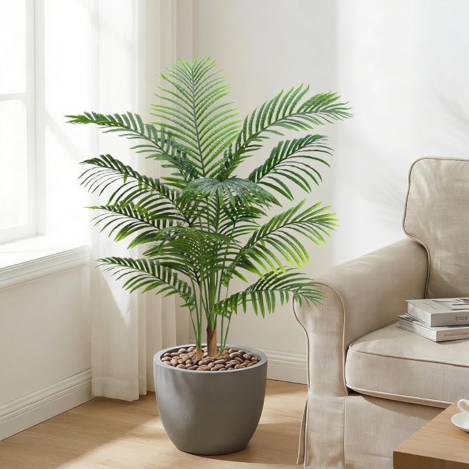 2 Pack Artificial Palm Tree Indoor Plant 4FT Tall Fake Tropical Palm Tree in Pot, Real Bark Design Faux Areca Palm Tree for Home Office Living Room Bedroom Farmhouse Modern Outdoor Topiary Tree