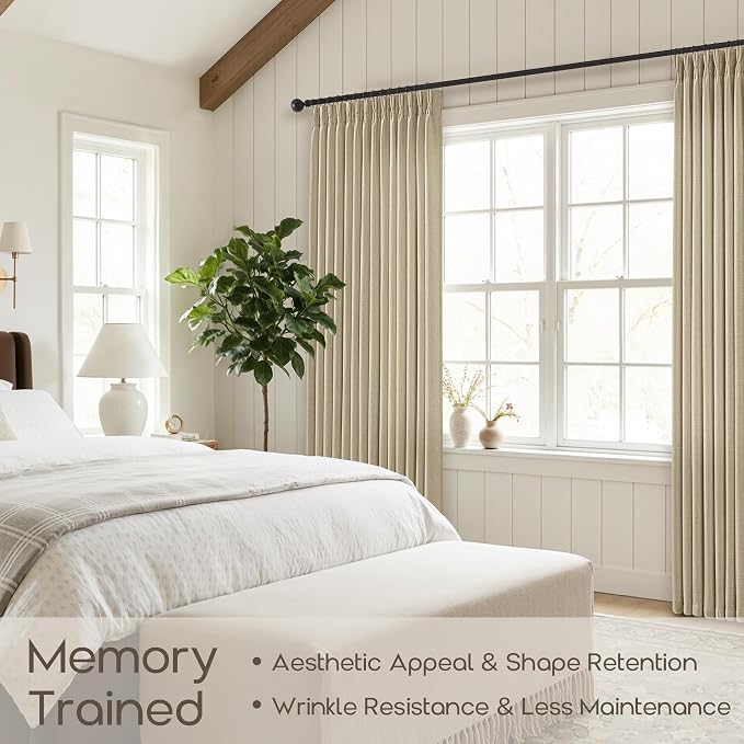 70 Inch Wide Oatmeal Pinch Pleated Curtains 92 Inch Long for Large Windows Farmhouse Light Filtering Linen Textured Door Curtains for Tracks Sand Memory Trained Floor Length Drapes for Living Room