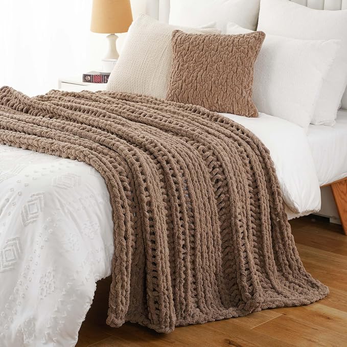 Battilo Chunky Knit Throw Blanket for Couch, 50"x60",Taupe | Hand Knit with Chunky Chenille Yarn, Chenille Blanket, Cozy Warm Thick Soft knitted Blanket for Bed, Sofa, Living Room