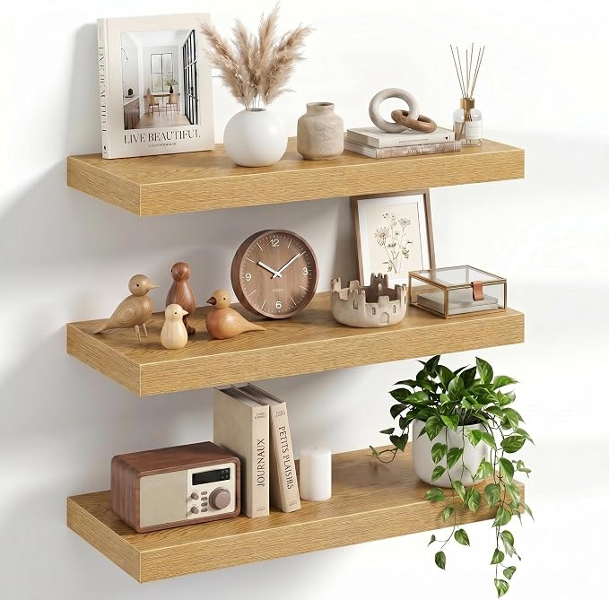 20" Floating Shelves for Wall, Set of 3, 8" Deep, 1.5" Thick, Oak Finish | Rustic Wood Wall Shelves with Invisible Brackets, Storage and Display for Bathroom, Bedroom, Living Room or Kitchen