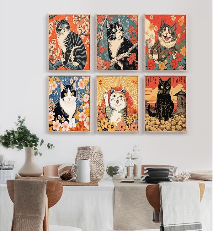 Japanese Cat Wall Art Funny Cat Canvas Poster Anime Wall Decor Asian Tattoo Prints Japan Wall Art Cute Artwork Tokyo Kitten Poster Vintage Pictures for Living Room Bedroom 12x16 Inch Unframed Set of 6