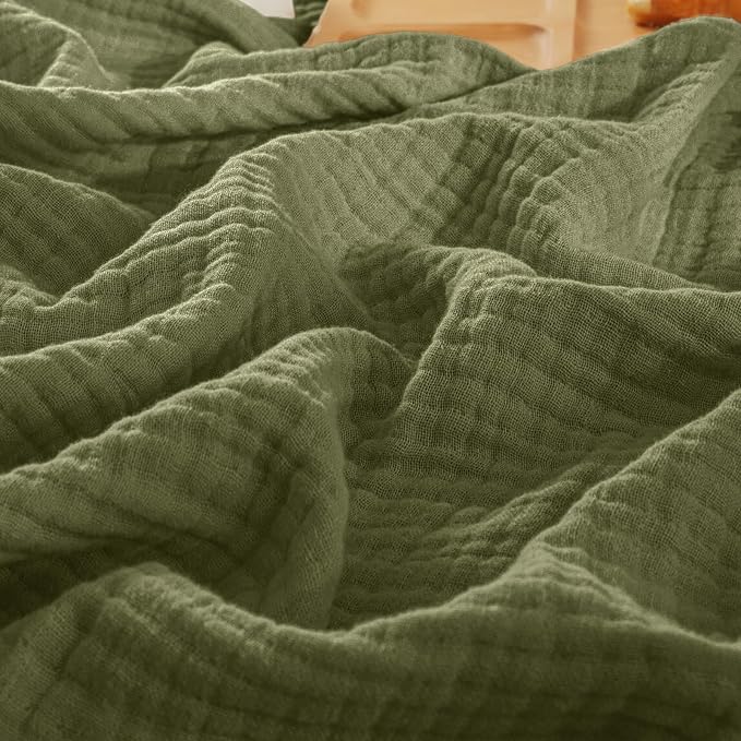 PHF 100% Cotton Muslin Blanket King Size 108"x90", 4-Layer Lightweight Gauze Throw, Breathable Cloud-Soft Minimalist Blanket for Bed, Couch, Camping & Baby, Olive Green, Ideal Gift