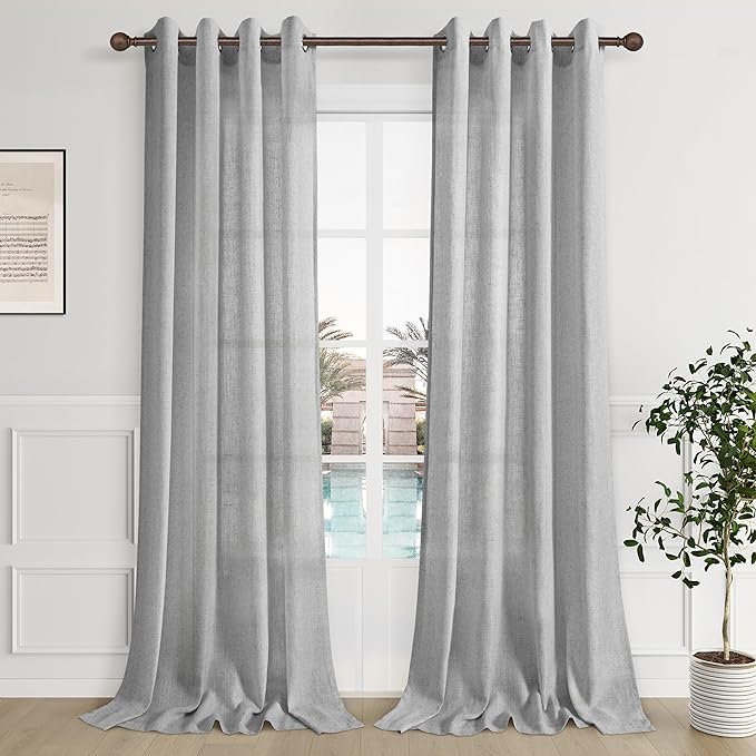 Extra Long Light Grey Curtains 120 Inches for Living Room 2 Panels Set Grommet Light Filtering Semi Sheer Linen Drapes Boho Modern Dove Gray 120 Inch Length Curtain for Patio Door Ceiling Floor