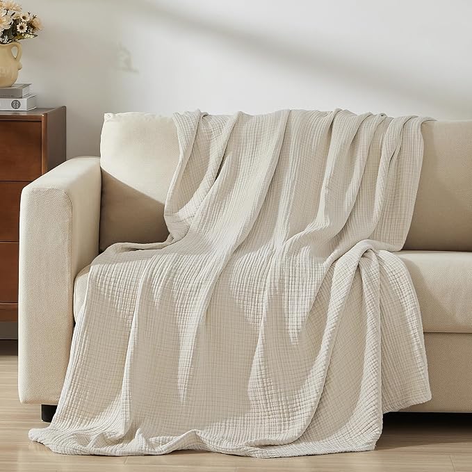 PHF 100% Cotton Muslin Blanket Queen Size 90"x90", 4-Layer Lightweight Gauze Throw, Breathable Cloud-Soft Minimalist Blanket for Bed, Couch, Camping & Baby, Oat Milk, Ideal Gift