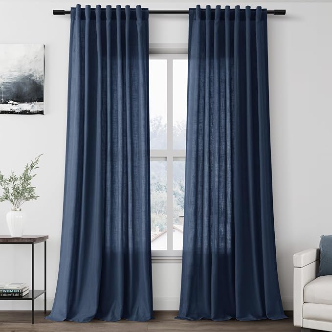 Nanspring Denim Blue Linen Curtains 90 Inch Long 2 Panels Set for Bedroom Living Room Denim Blue Linen Textured Window Drapes Semi Sheer Light Filtering Rod Pocket Back Tab Farmhouse Curtain 52x90