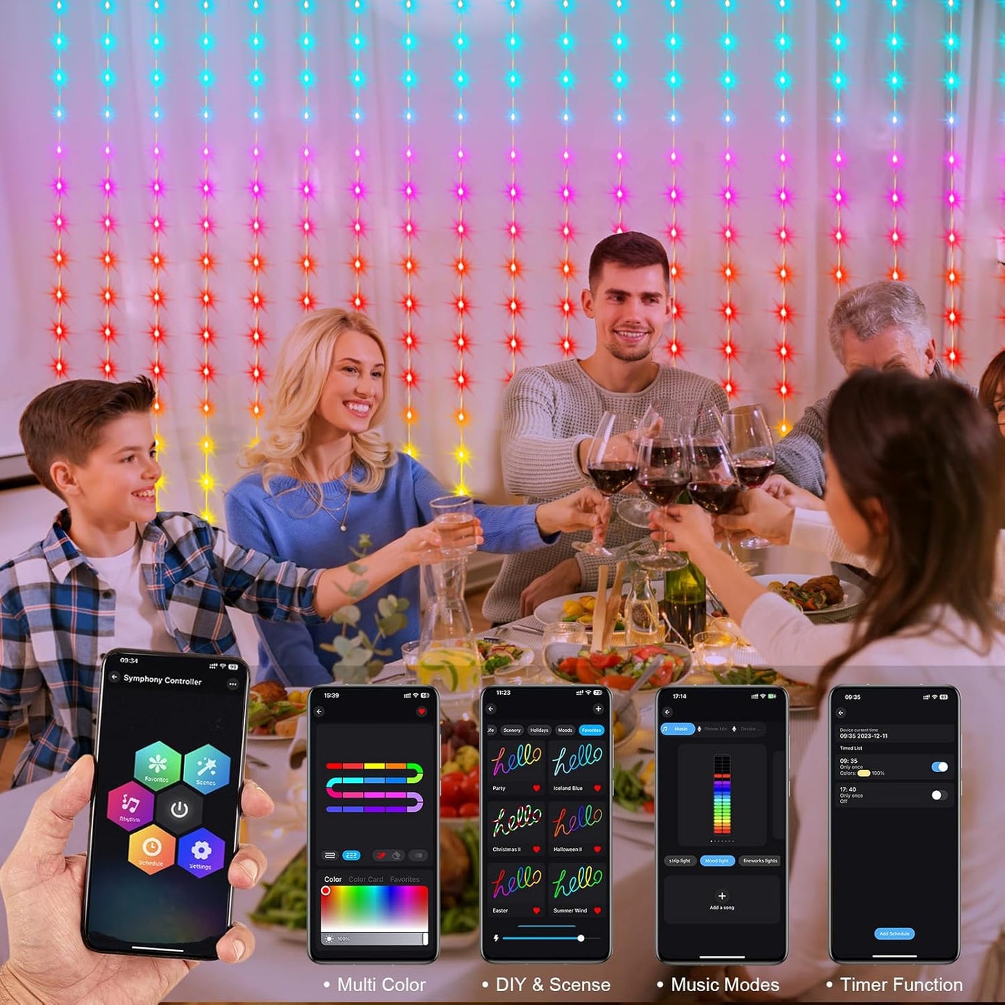 echosari Smart Curtain Lights 6.6 x 9.8Ft 16 Million Colors Changing 300 LED Fairy Curtain Lights DIY Functions with Remote APP Hanging Light for Patio Bedroom Decor