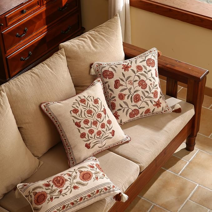 ISAENNE Designer Vintage French Linen Throw Pillow Cover,18"x18"-Albano B | Elegant Square Pillow Cover,Concealed Zipper Design,Floral Pattern,Sofas,Bedroom,Living Room,Lounge Chairs,Decor
