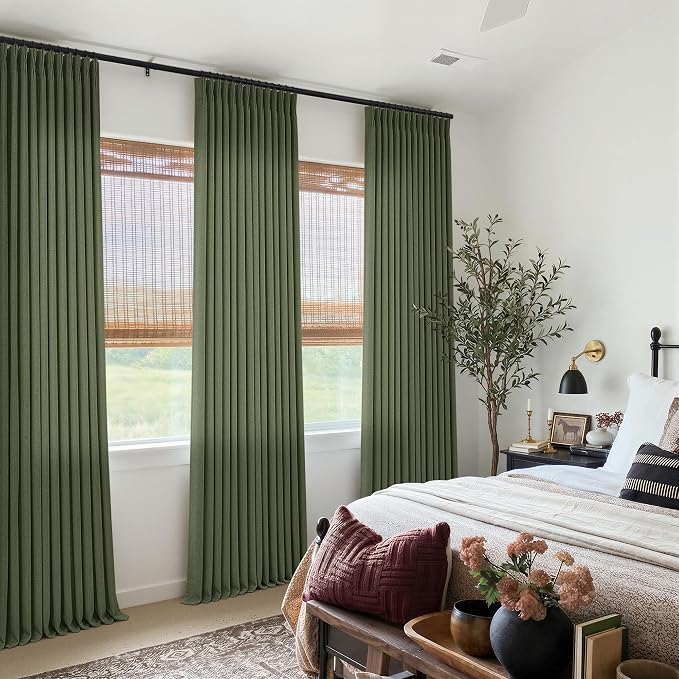 Olive Green Pinch Pleated Linen Curtains 84 Inch Length 2 Panels for Living Room Bedroom Aesthetic Pinch Pleat Back Tab Light Filtering Semi Sheer Loden Pleated Drapes Farmhouse Boho 40x84 Long